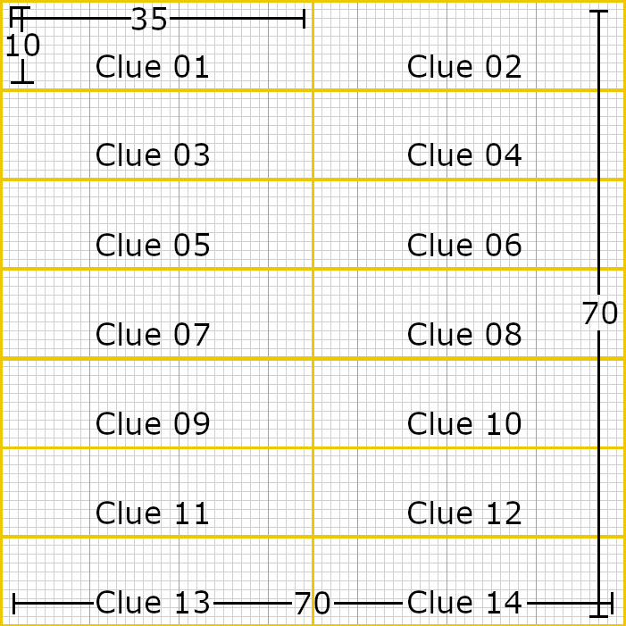 Diagram showing a 70 by 70 pattern divided up into fourteen blocks, each 35 by 10 stitches.
