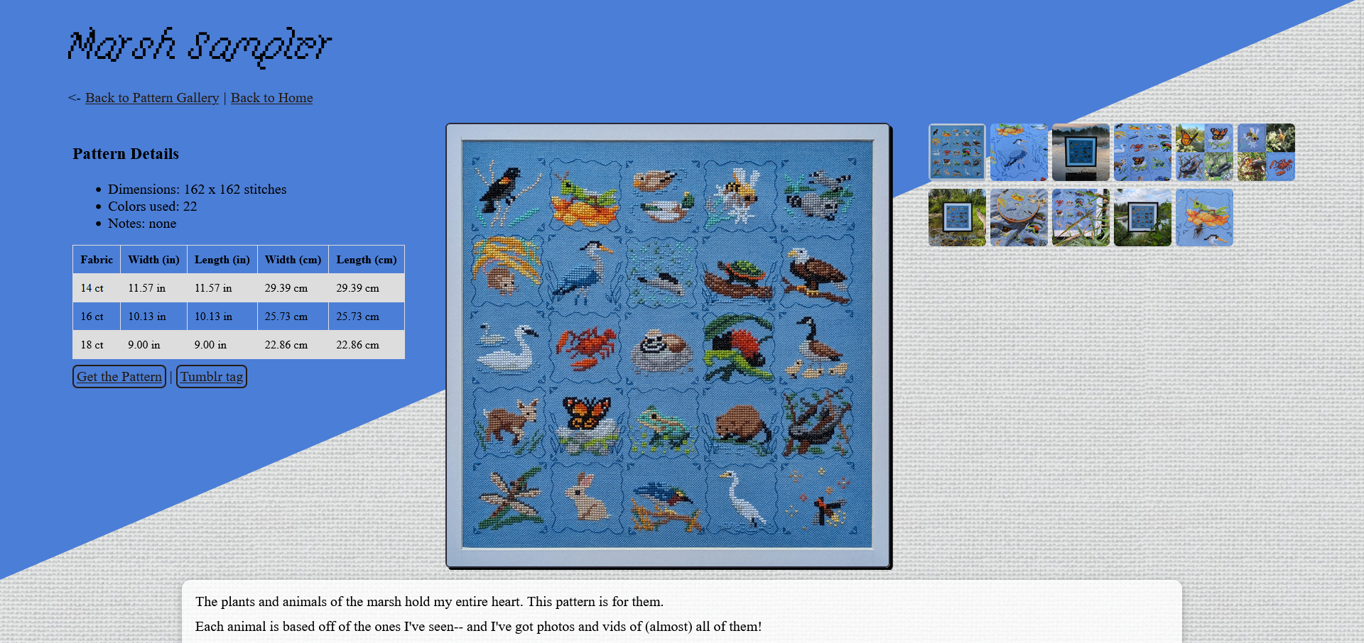 The Marsh Sampler cross-stitch page v2, with the main image displayed on a cross-stitch fabric background, a blue diagonal stripe across the top half of the page, and a cool pixel font for the title. It's not wicked pro, but it looks cute!