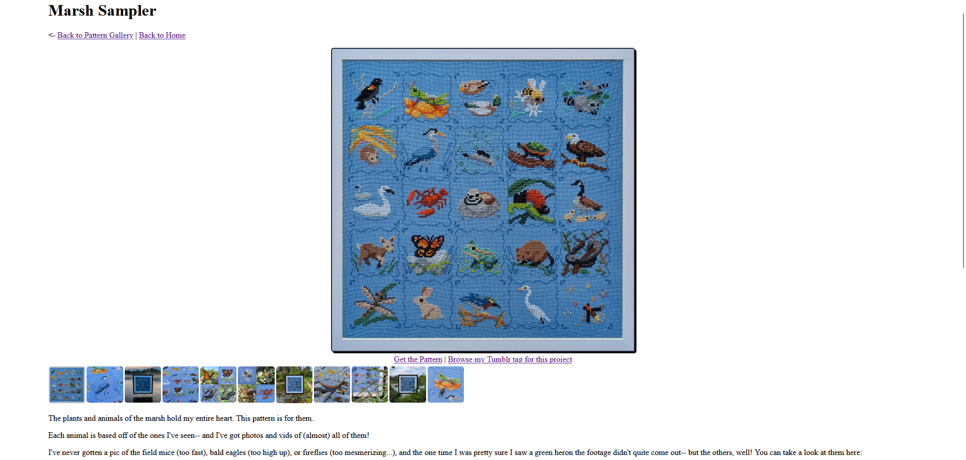 Screenshot of the Marsh Sampler page. It's all undecorated HTML, with the sampler photo on a white background with a few lines of black text.